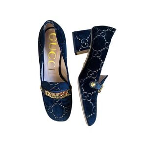 Gucci GG Womens Marmont Navy Velvet Monogram Loafer Pumps Gold Chain 39.5